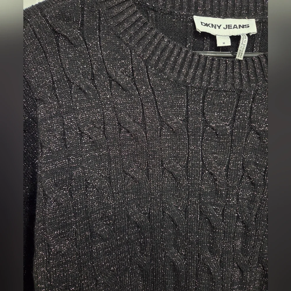 DKNY JEANS WOMEN'S BLACK METALLIC CABLE KNIT SWEATER SIZE MEDIUM NWT